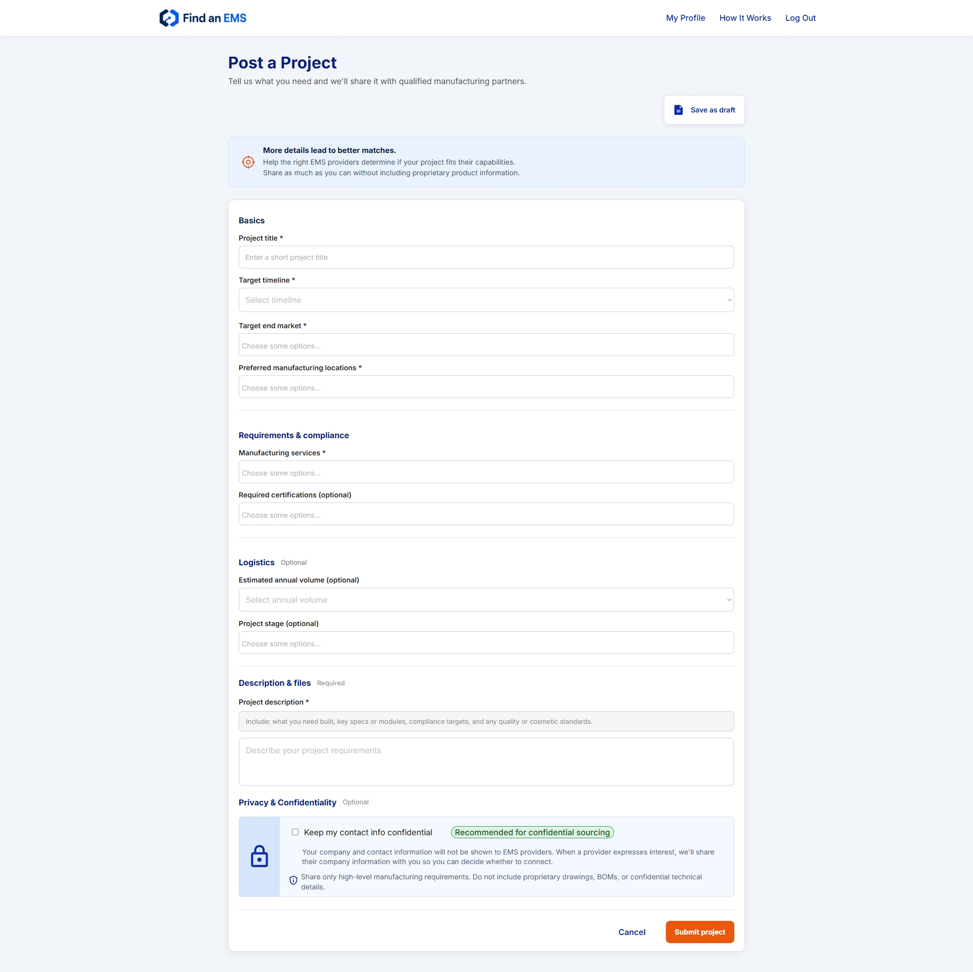 Post a Project form